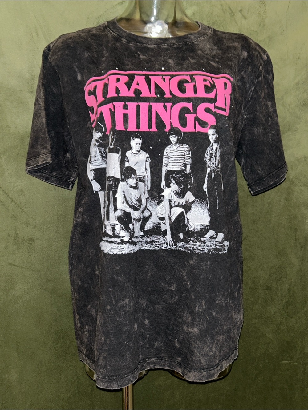 Netflix Black Acid-Wash Stranger Things Tee with Pink Logo